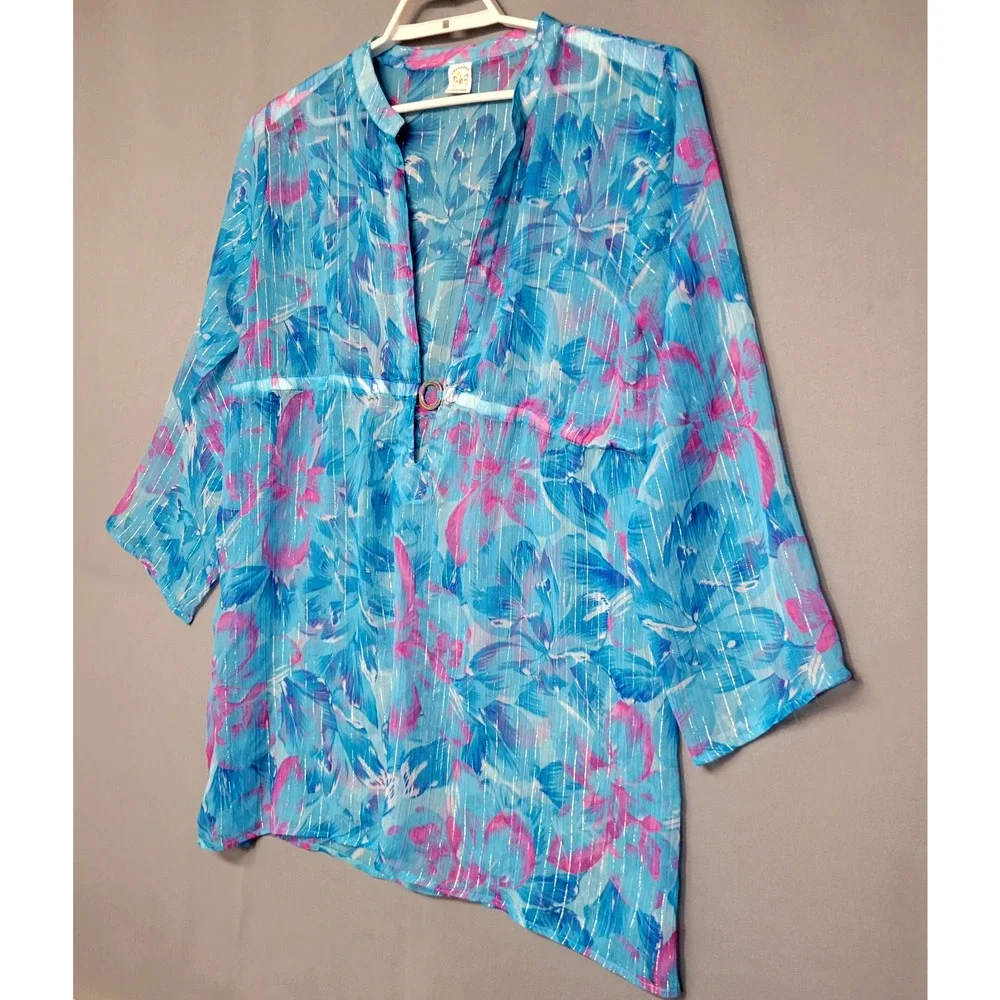 Creations Tropical Swim Cover Up Womens One Size Blue Pink Coastal Beach Vac - Picture 6 of 14